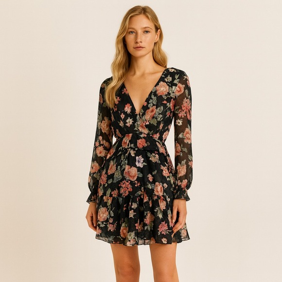 Joie Dresses & Skirts - Joie Sz S Joada Floral Dress Caviar Long Sleeved‎ Mini Feminine Coquette Party